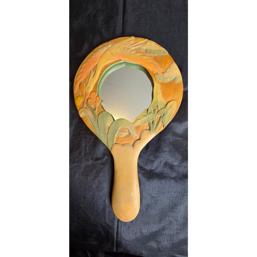 Hand Carved Vanity mirror Tropical Floral & Bird - Picture 7 of 7
